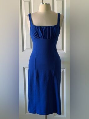 Moda International Blue Bodycon Midi Dress Size Small Cotton Stretch Fitted